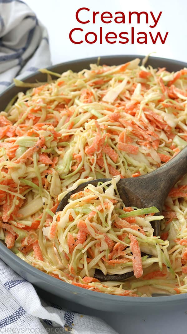 Traditional Creamy Coleslaw in bowel with text