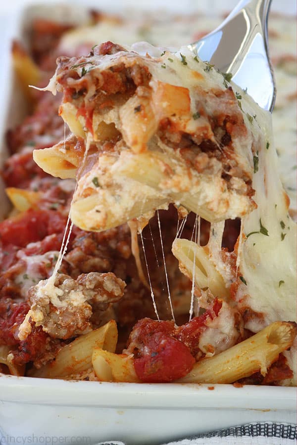 Fork with cheesy baked ziti.