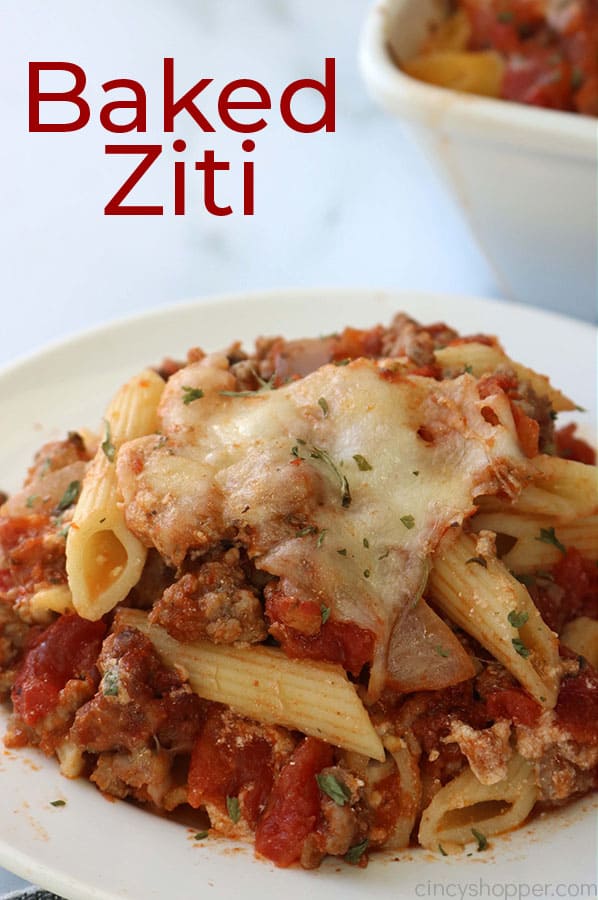 Baked ziti pasta on a plate with text.