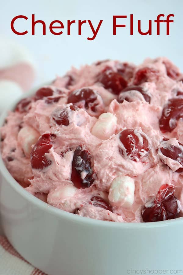 Cherry Fluff in a bowl with text.
