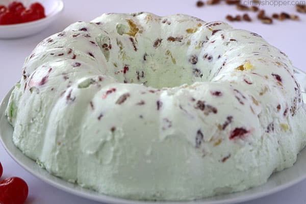 Lime Jello Salad mold on plate.