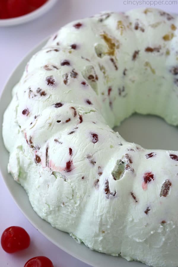 Lime Jello Mold on a plate.