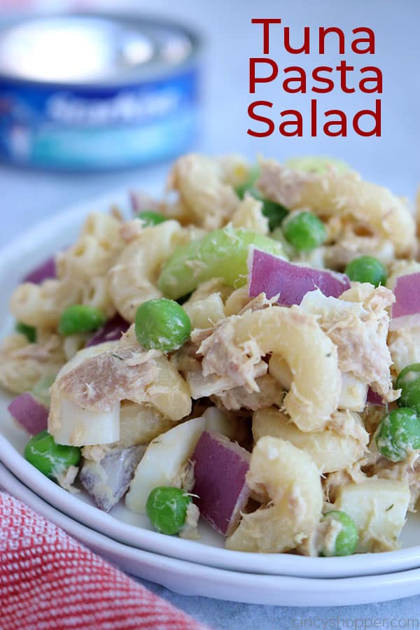 Tuna Pasta Salad on a plate with text.