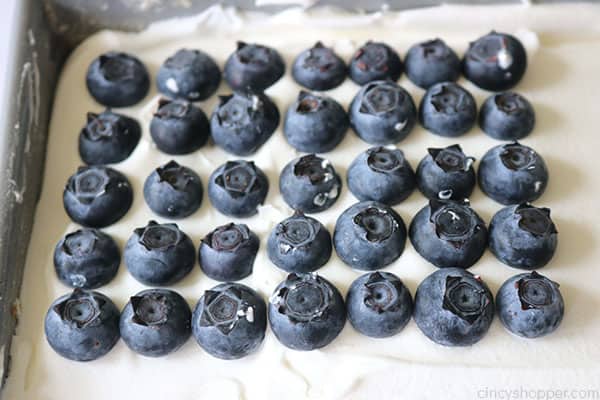 Adding blueberries to red, white, and blue flag cake.