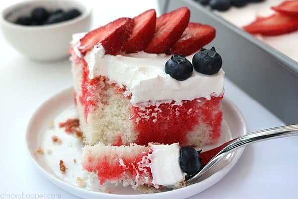 Piece of red, white, and blue American Flag cake.