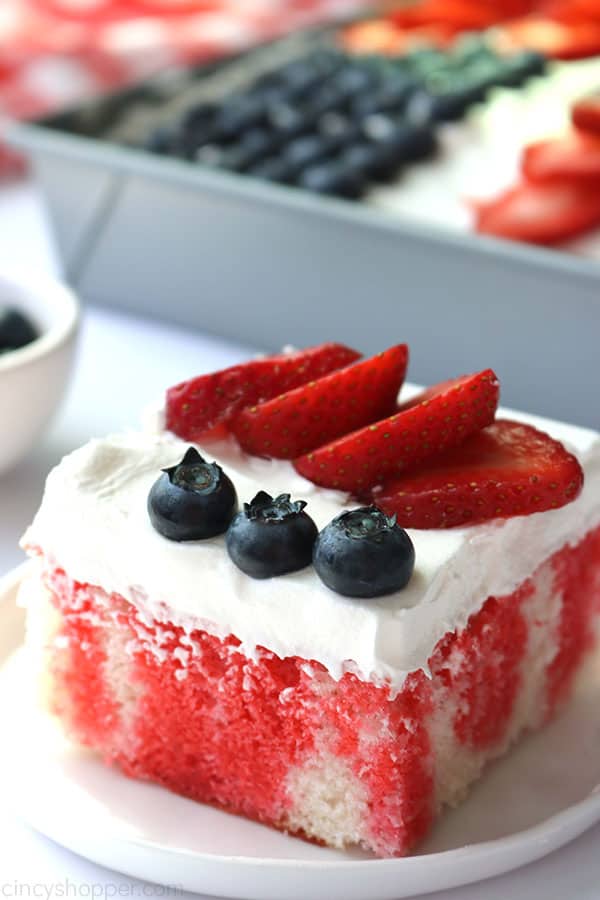 Piece of American Flag Cake on a plate.