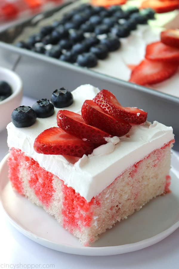 Red, white, and blue cake on a plate.