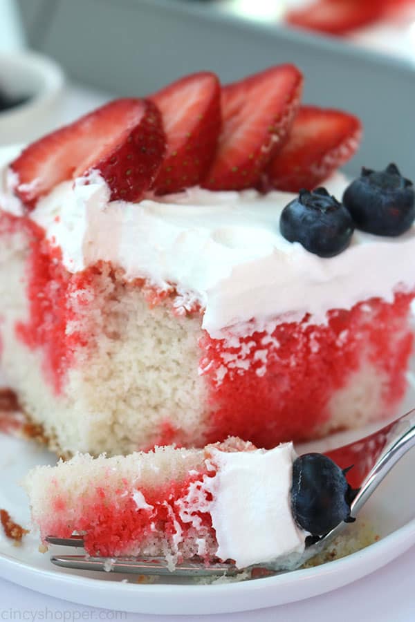 Piece of Flag Cake on a plate iwth fork.