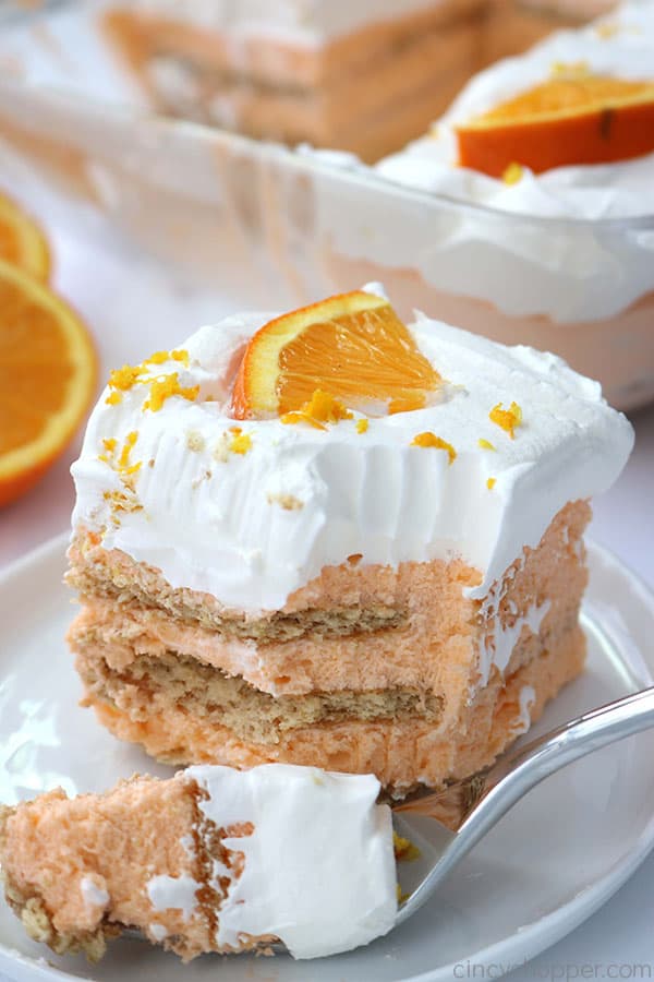 Creamsicle Icebox Cake slice with a fork.