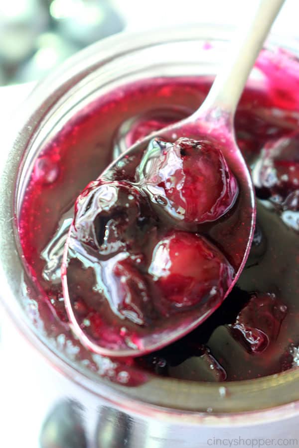 Blueberry Sauce on a spoon.
