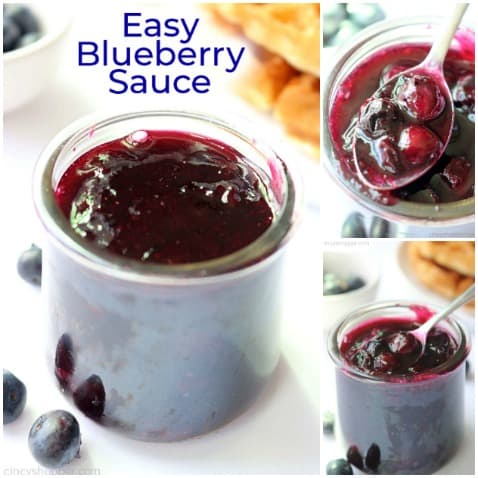 Small collage of homemade blueberry sauce.