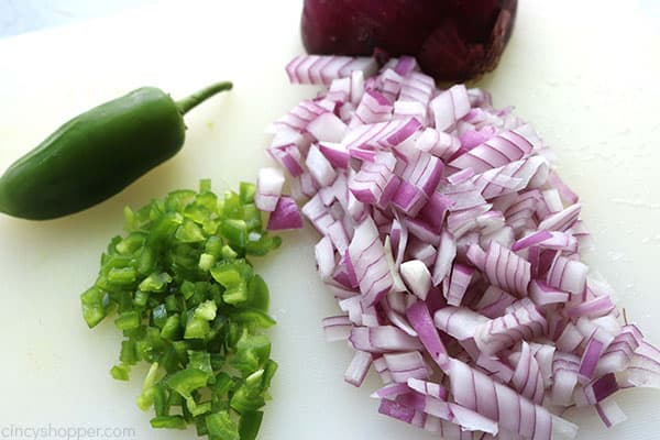 Diced red onions and Jalapeños for Pico de Gallo.