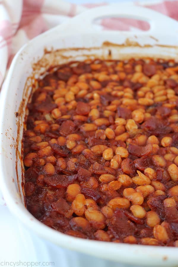 Root Beer Baked Beans with bacon in a casserole dish