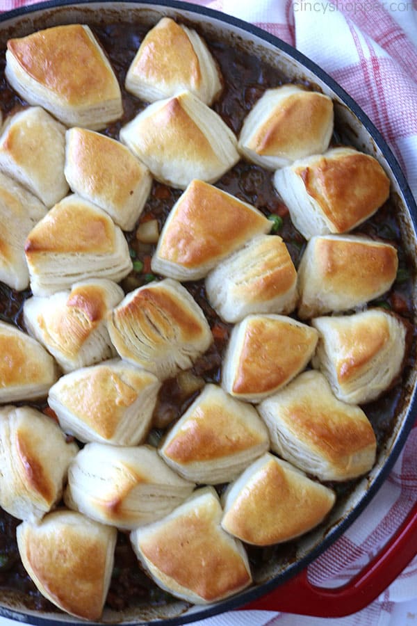 Pan of ground beef dinner with biscuits.