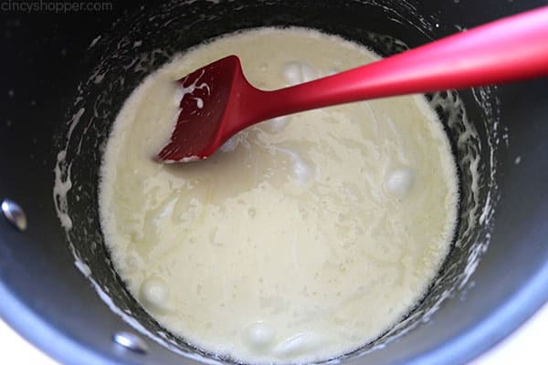 Melted marshmallows in a pan.