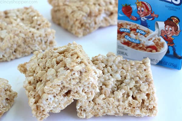 Rice Krispie Treats on a white surface.