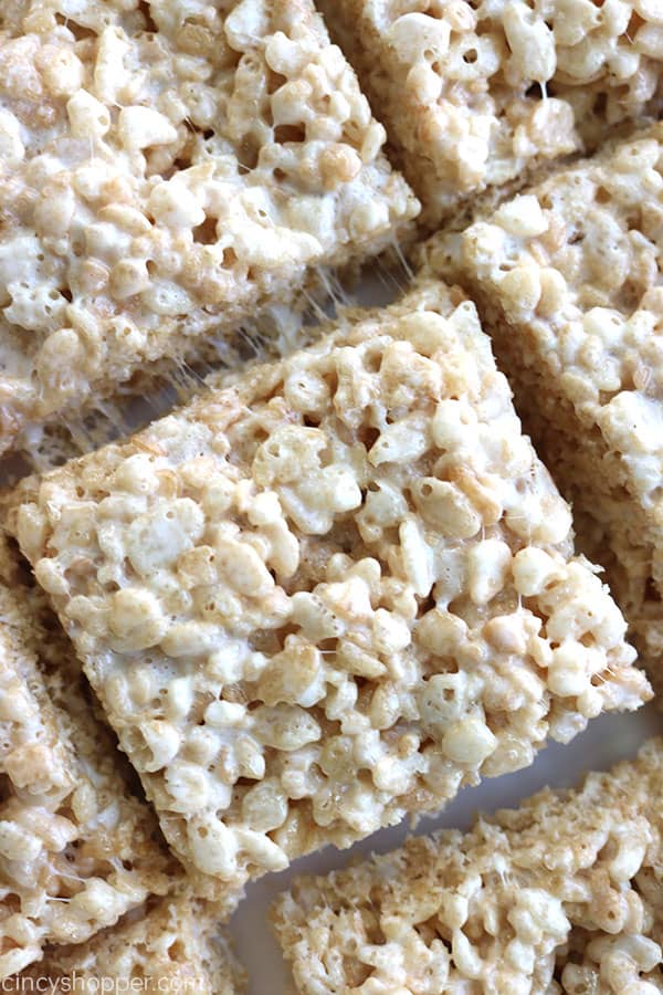 Thick and Chewy Rice Krispie Treats on a pan.