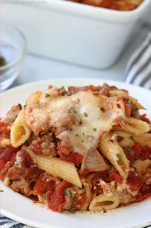 Baked Ziti on a plate.