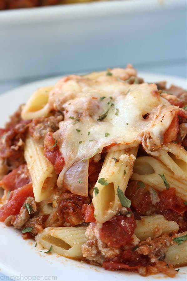 Easy Baked Ziti on a white plate.