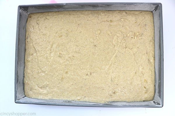 Banana cake batter in prepared pan.