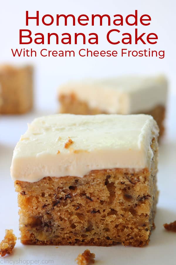 Best Banana Cake piece with cream cheese frosting and text.