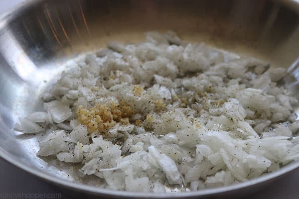 Onion, garlic salt and pepper in a pan.