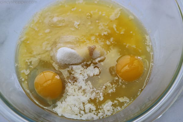 Wet ingredients for zucchini bread.