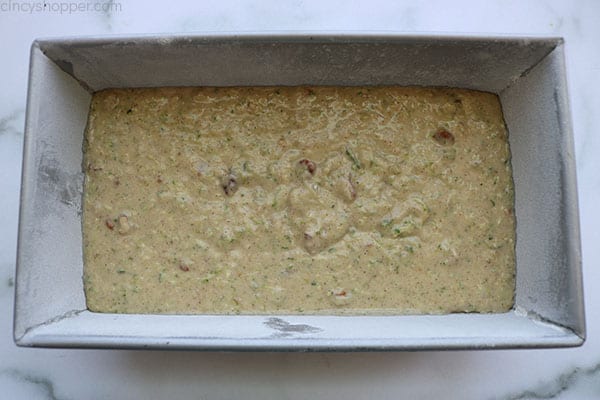 Classic Zucchini bread batter in loaf pan.