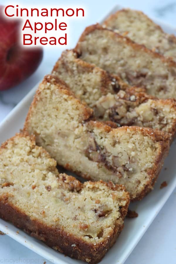 Cinnamon Apple quick bread on a platter with text.