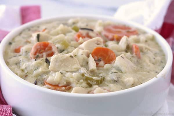 Creamy Chicken and Wild Rice Soup in a white bowl.