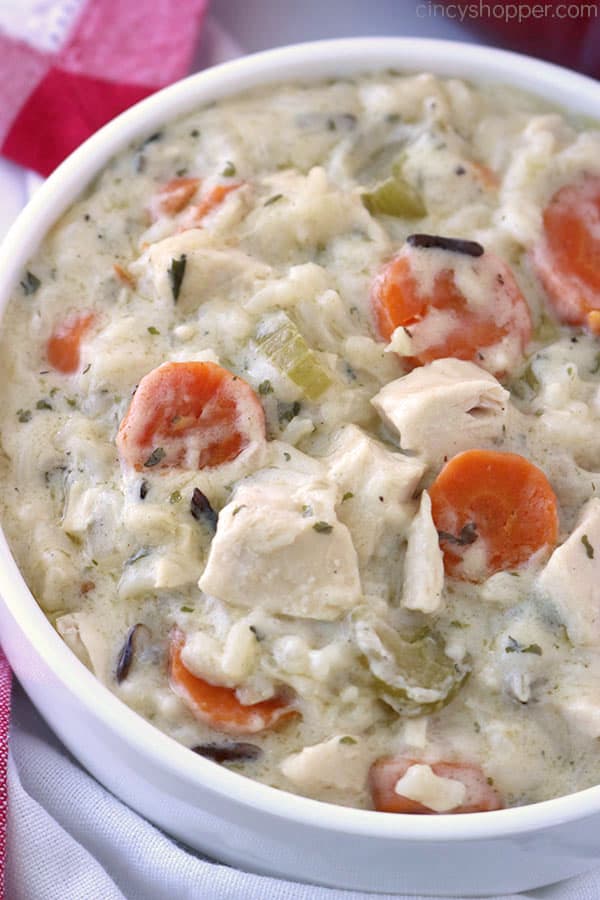 CopyCat Panera Creamy Chicken and Wild Rice Soup in a white bowl.