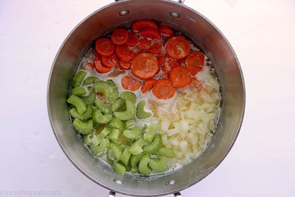 Vegetables in a pan for Creamy Chicken Rice Soup