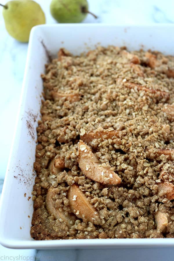 Baked Pear Crisp in a white baking dish.