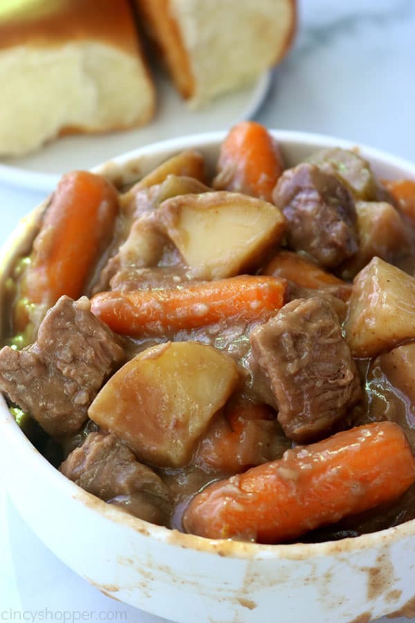 Slow Cooker Beef Stew in a white bowl.