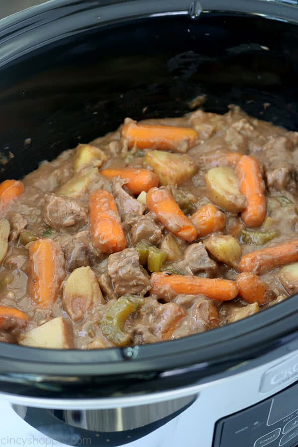 Beef stew in a slow cooker.