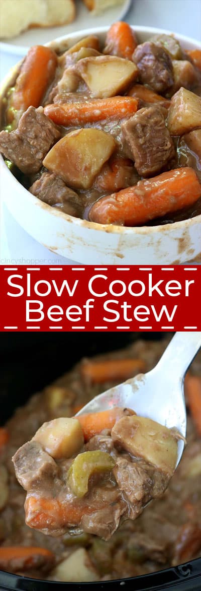 Slow Cooker Beef Stew.in a bowl and on a spoon.