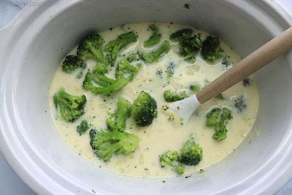 Broccoli Cheese soup in a crock-pot.