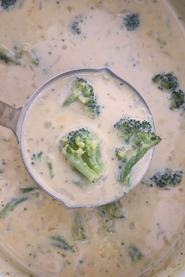 CrockPot Broccoli Soup in a ladle. 