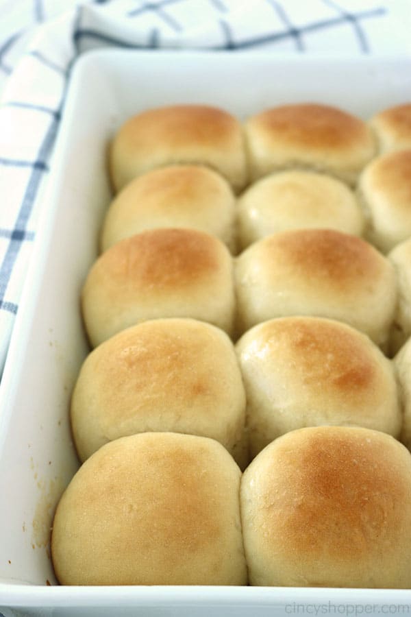 Homemade dinner rolls in a white baking dish.