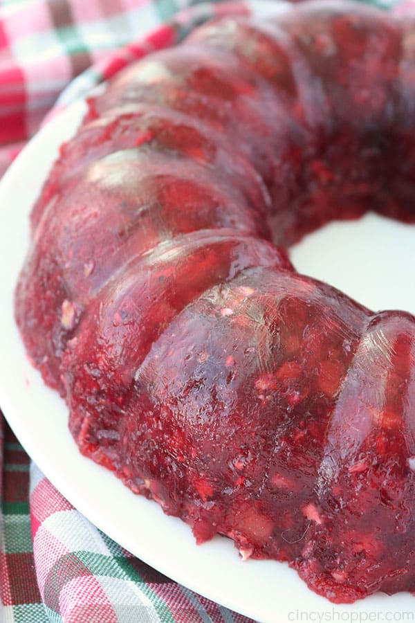 Cranberry Salad Jello Mold on a white plate.