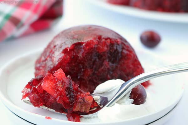 Jello Cranberry Salad mold slice with fork.