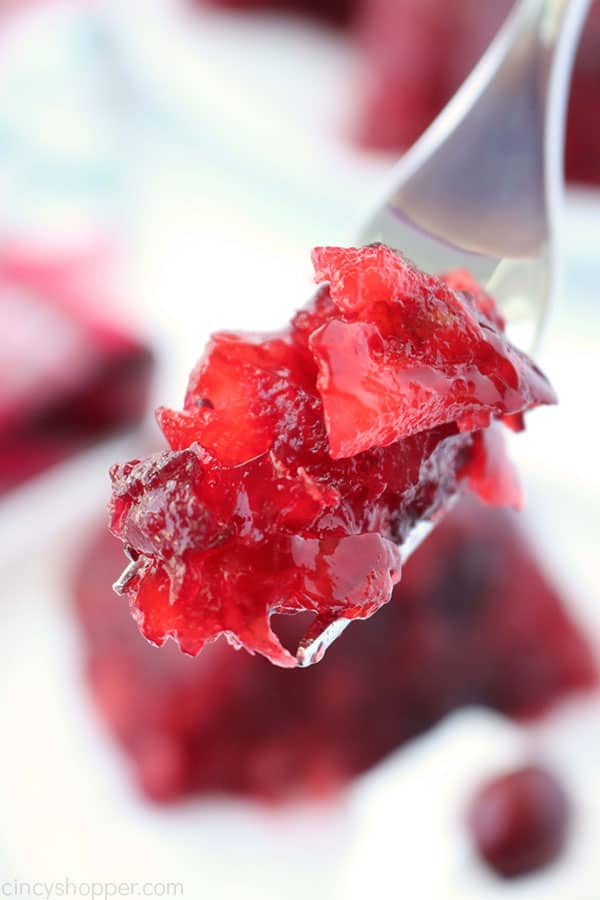 Cranberry Jello Salad on a fork.