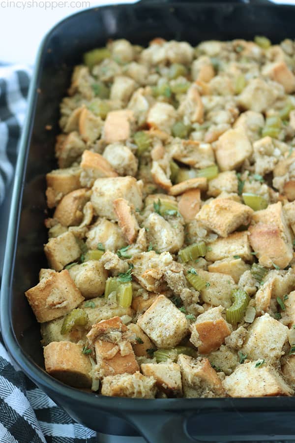 Black Casserole dish with Thanksgiving stuffing.