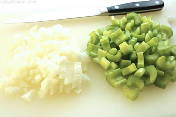 Diced celery and onion for Traditional Stuffing recipe.