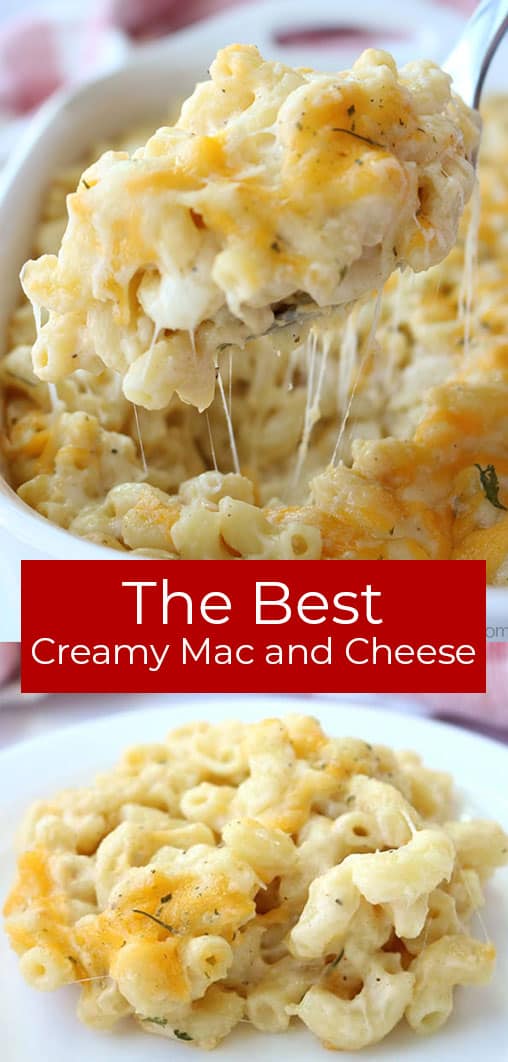 My creamy mac and cheese is the BEST according to my friends and family.  It’s baked and is so cheesy and creamy from the combination of cheeses I use in the easy sauce. It will quickly become a favorite for you too.