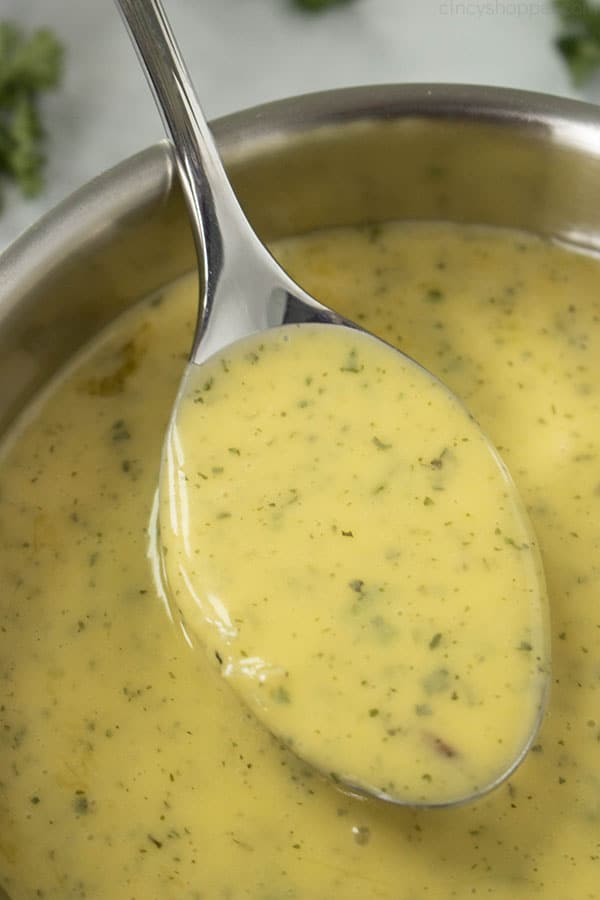 close up of bearnaise sauce on a spoon