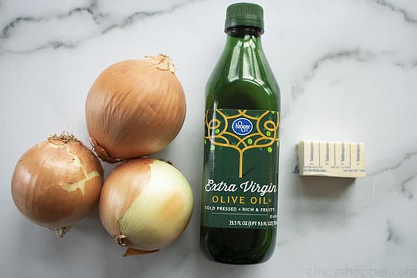 raw whole onions, olive oil, and butter
