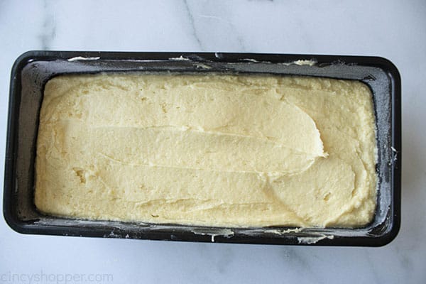 moist pound cake recipe batter poured into a loaf pan