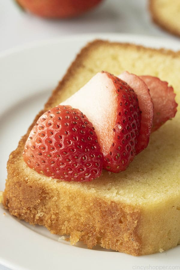 slice of moist pound cake with strawberries