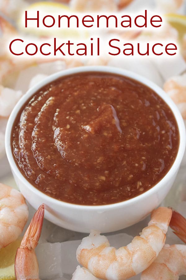 homemade cocktail sauce surrounded by shrimp